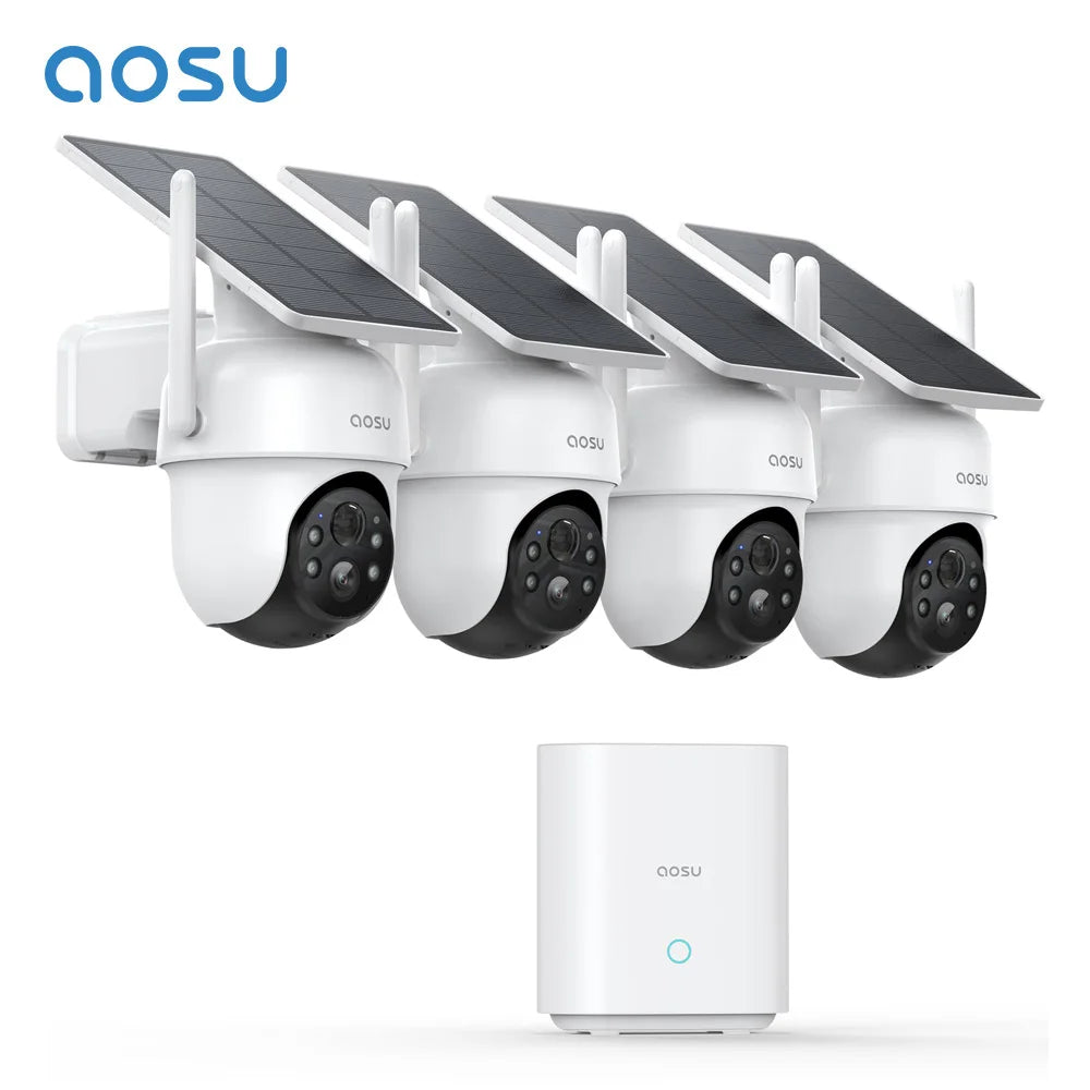 AOSU 2K 3MP Solar Battery Camera System 4 Cams Kit Wireless 360° PTZ Surveillance Wifi Camera Set Include Home Base Support Alex