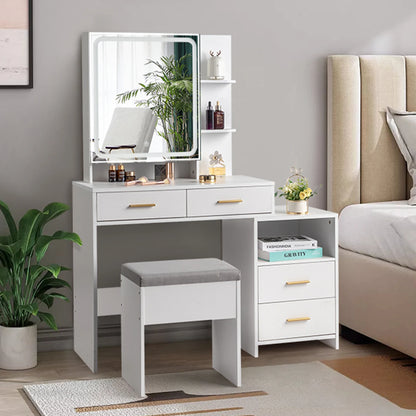 4-Drawer Dressing Table Set with Mirror Cabinet, LED Three-Tone Light, and Storage Cabinet - Modern White Furniture for Bedroom