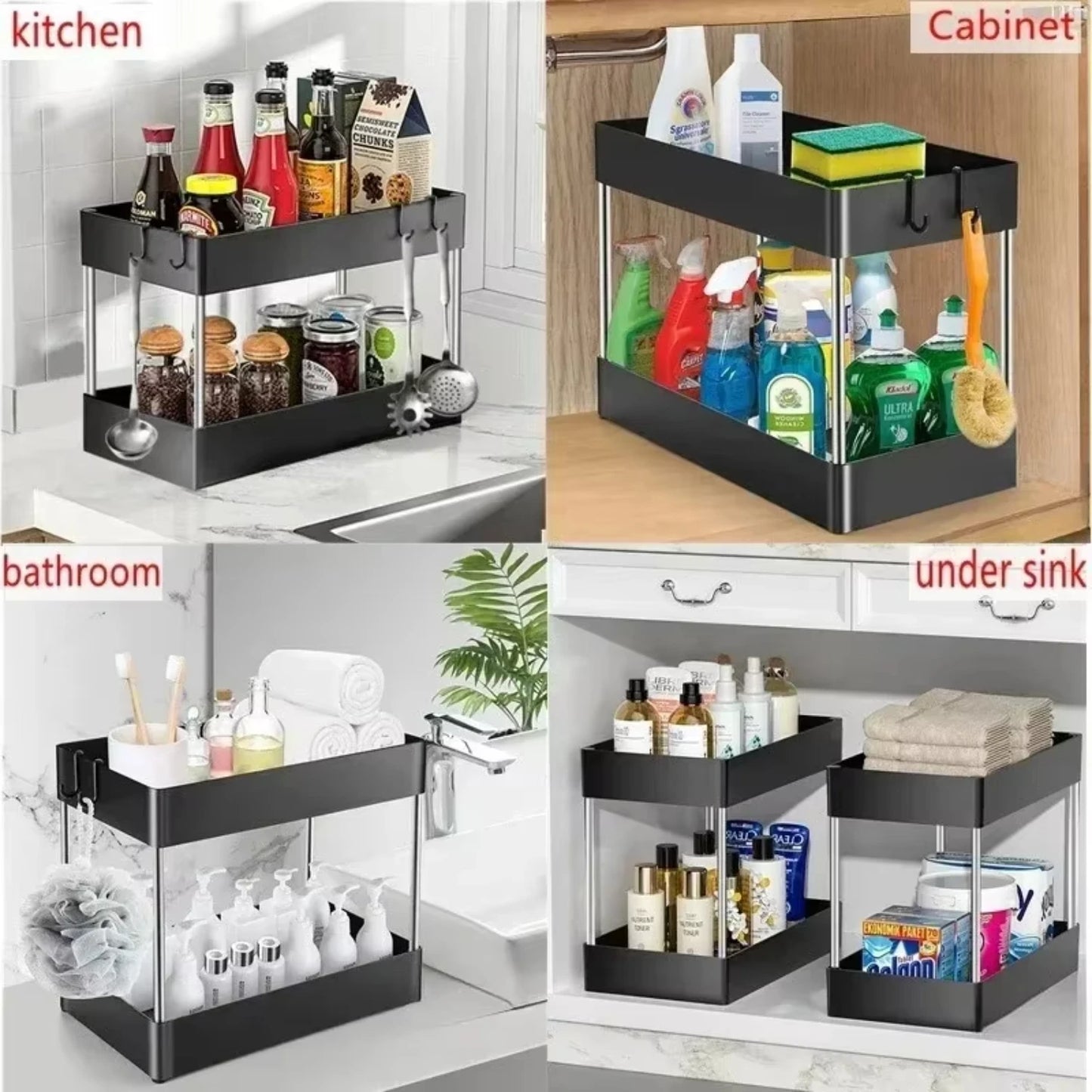 1/2 Pcs Under Sink  Organizer 2 Tier Drawer Multipurpose Rack Cabinet Under Sink  Rack Bathroom Kitchen Organizer Egg dispenser