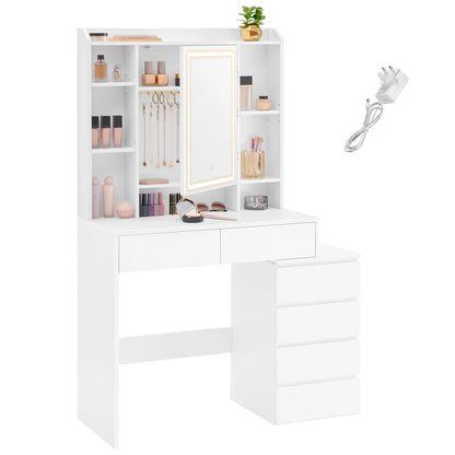 VASAGLE Dressing Table with LED Lights, Adjustable Brightness, 40 x 97.5 x 145 cm, Modern Makeup Desk, Vanity Table with Mirror