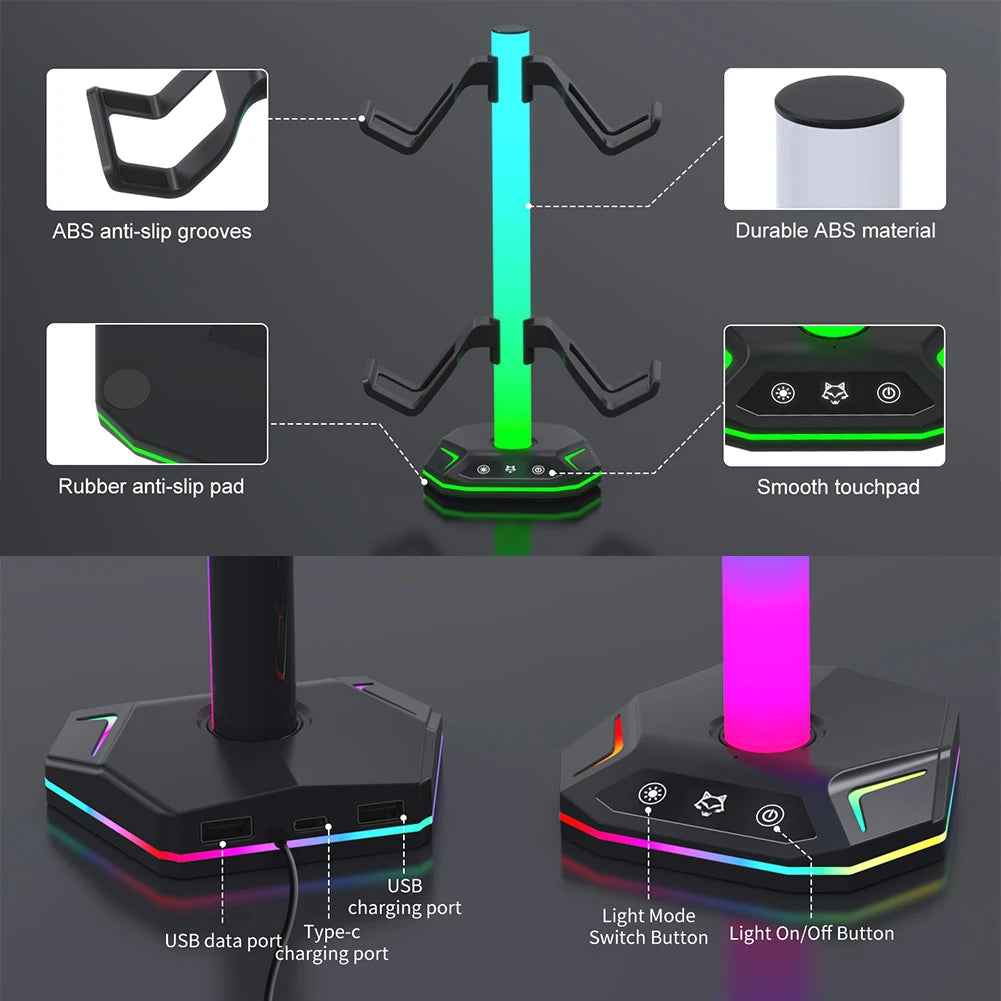 RGB Headset Stand Controller Holder for PS5/PS4/Xbox/Switch Pro 9 Light Modes with USB C/Data Ports Charging Desk Earphone Hook