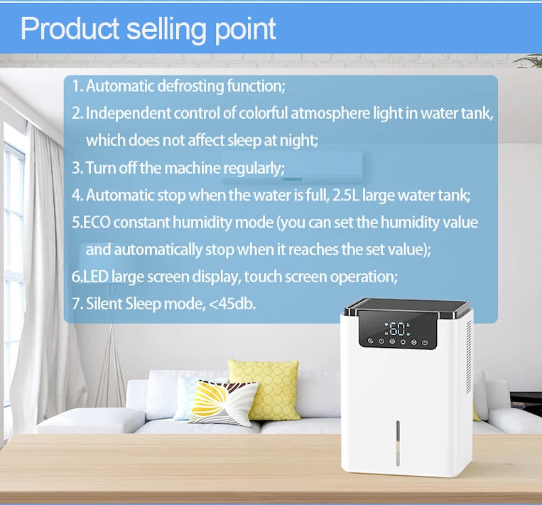 2500 ml compact semiconductor touch screen intelligent portable negative ion air dehumidifier household