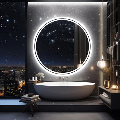 Bathroom Mirror with LED Lights Circle Backlit Illuminated Wall Mounted Lighted Mirror Anti-Fog 3 Colors Change IP65 Dimmable