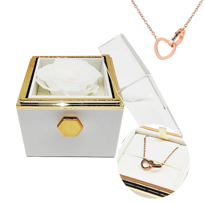 Rotating Jewelry Box with Engraved name Necklace Forever Flower Preserved Rose Box Mother's Day Birthday for Mom Wife Girlfriend