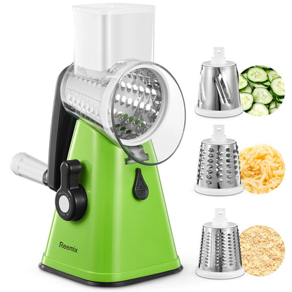 Rotary Cheese Grater, Reemix Rotary Vegetable Slicer, Rotary Kitchen Mandoline Vegetable Slicer with 3 Replaceable Stainless Ste