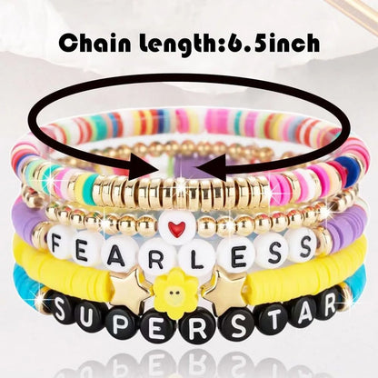 Five Piece Bracelet Set Of Men’s And Women’s Soft Clay Bracelets Fashionable Colourful Letter And Bead Print Beauty Bracelet