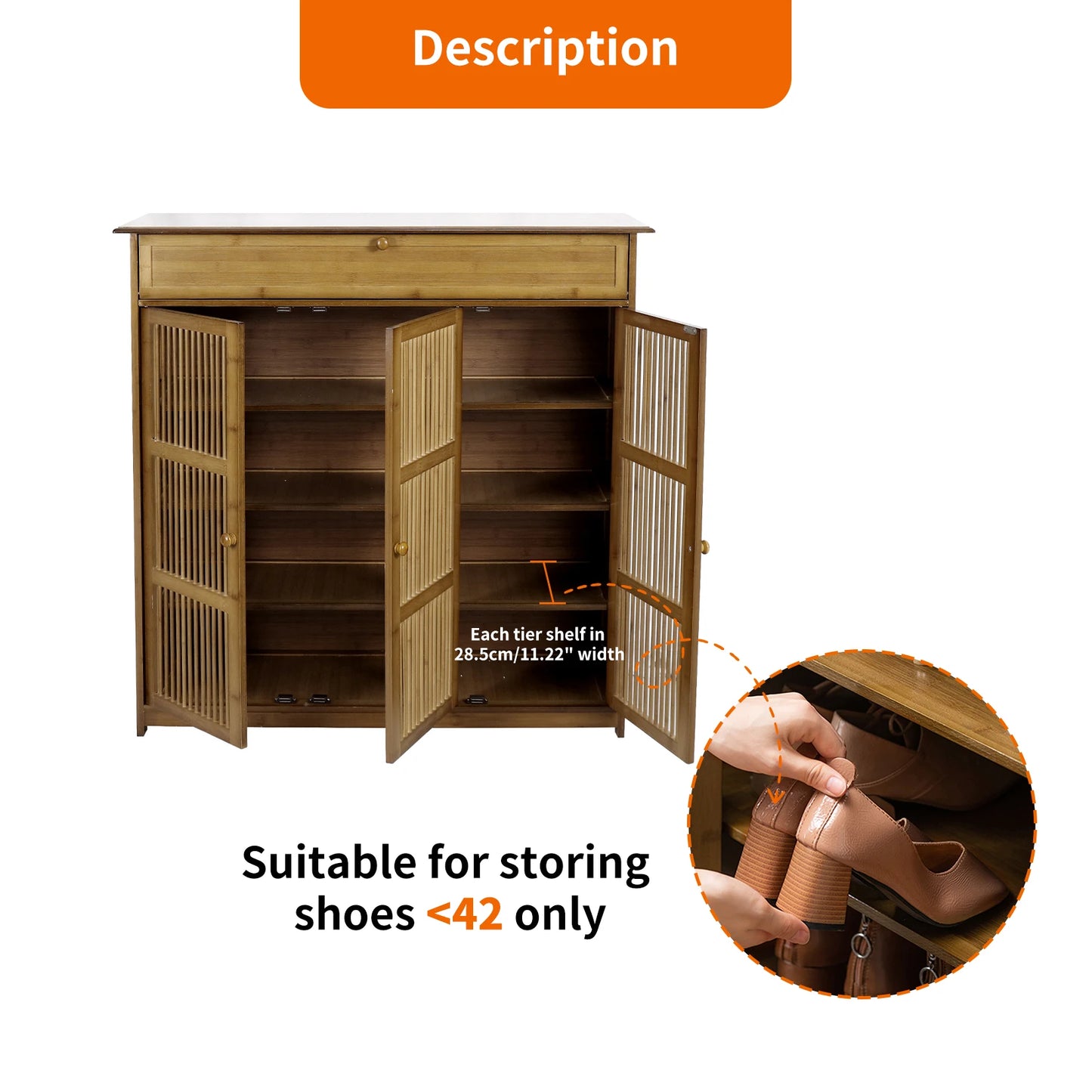 4 Tier Bamboo Shoe Storage Cabinet Wooden Shoes Rack with 3 Hollow Doors