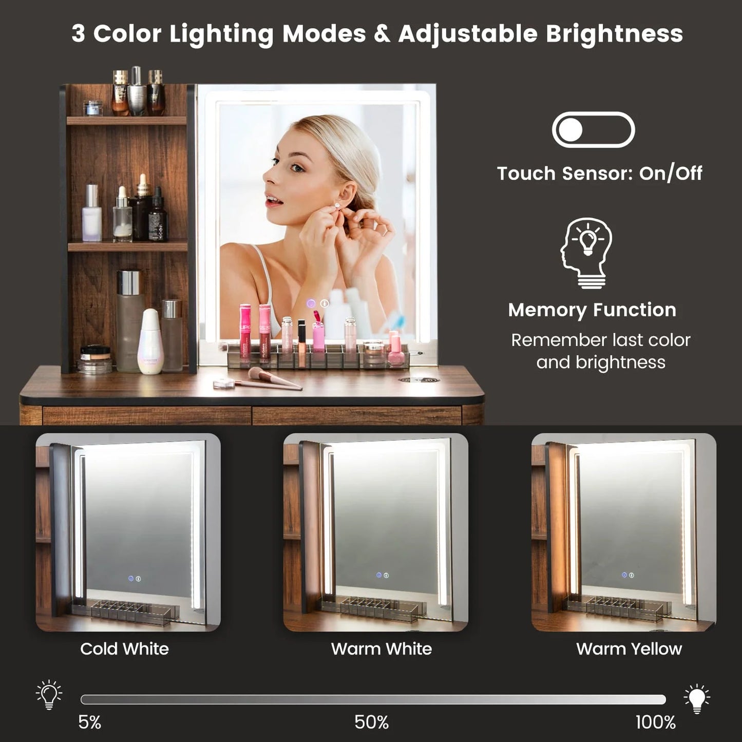 GOFLAME Vanity Set with Lighted Mirror, Makeup Table with 3-Color Dimmable LED Lights