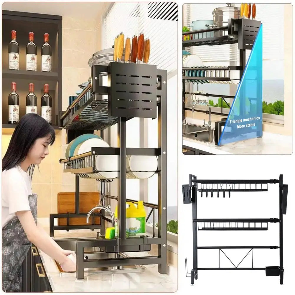 2 Tier Large Capacity Dish Rack, Sink Organize Stand, Kitchen Counter Storage Shelf Supplies for Plates Bowls Pots, Black