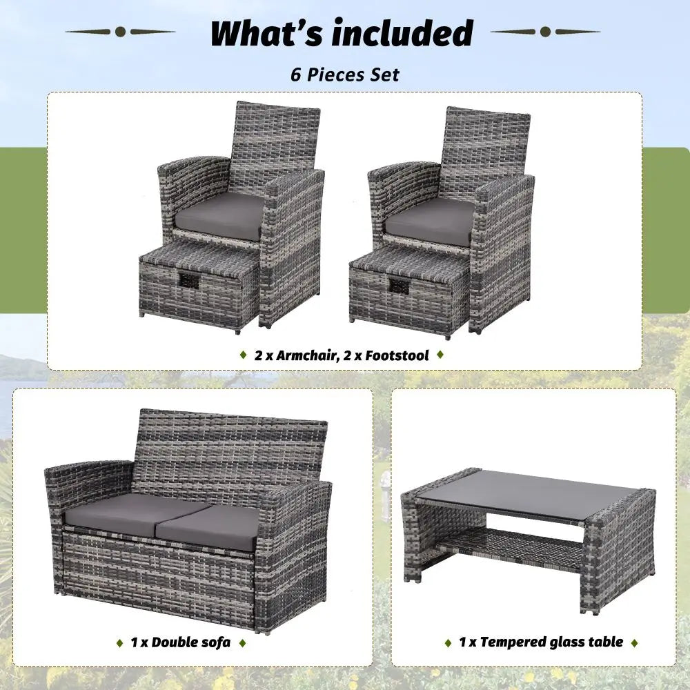 6 Pieces Garden Outdoor Patio Rattan Furniture Set, 6 Seater Sofa Set with Coffee Table & Footstools, Grey Rattan with Cushion