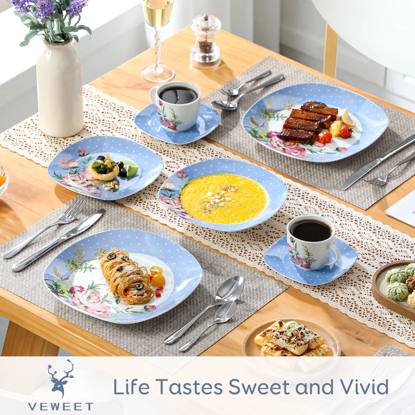 VEWEET Blue Flower 30/60 Piece Porcelain Ceramic Kitchen Tableware Set with Dinner,Dessert,Soup Plate,Cup and Saucer For 6/12