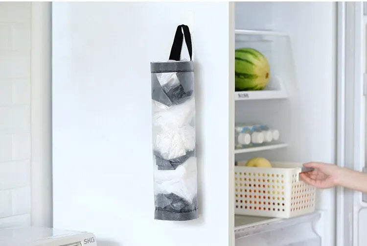 1pc Grey Sundries Bag Storage Wall Mount Mesh Plastic Bags Dispenser Hanging Reused Storage Pouch Trash Bags Kitchen Garbage Org