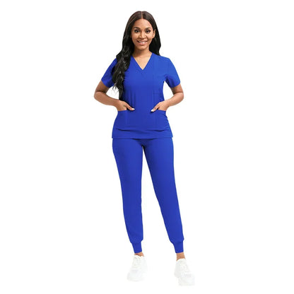 Women V-neck Short Sleeve Scrubs Surgical Nursing Uniforms Nurse Pocket Workwear Dentist Medical Uniforms Clinic Scrub Suit