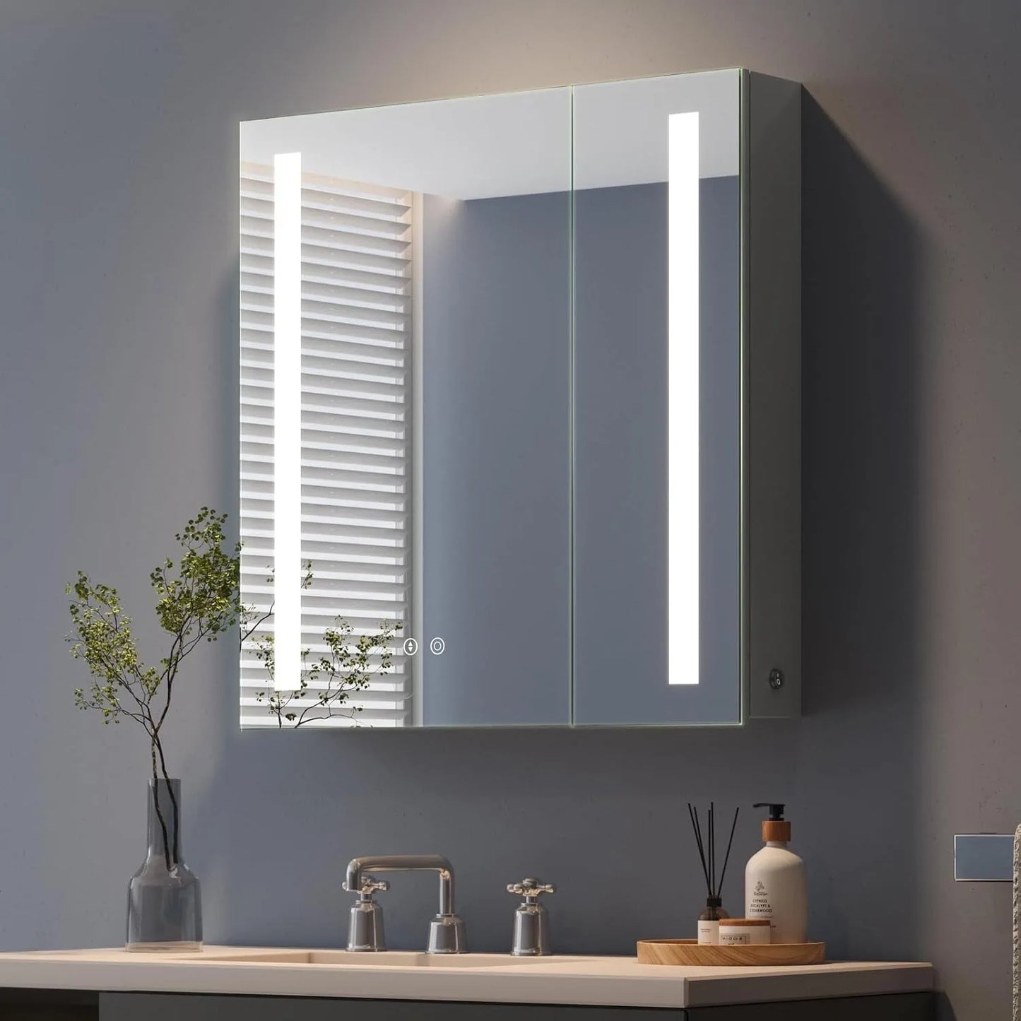 Mirror Cabinet,2 Doors Illuminated LED Bathroom Mirror Cabinet with Shaver Socket Dimmable Switch 3 Colors and Demister Pad-Grey