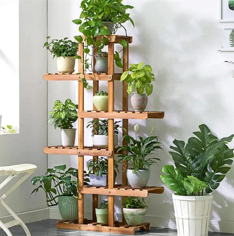 Reinforced Wood Plant Stand, Corner Shelf, Flower Rack, Garden Home, 52 "Tall, 6 Tier