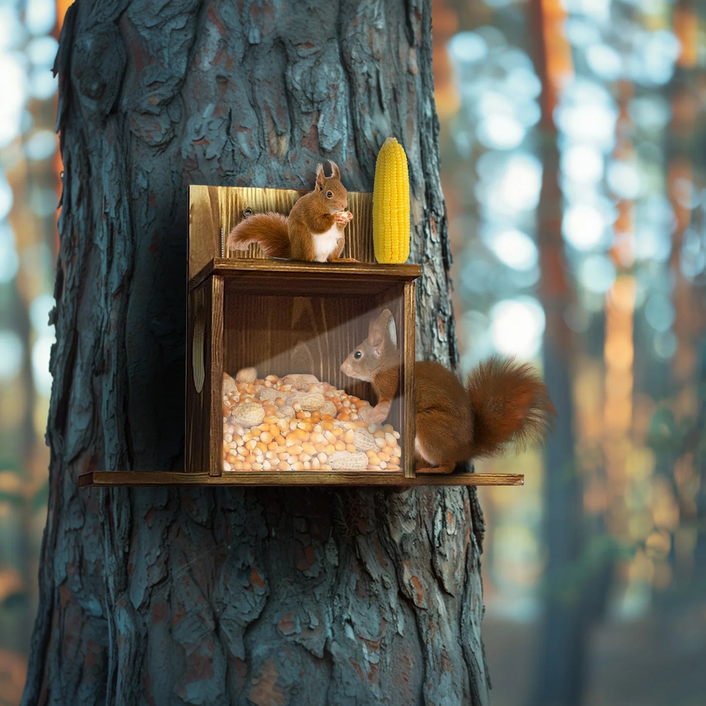 Wood Squirrel Feeder Box for Backyard Garden, Durable Wall Hanging House, Carbonized Wood, Chinchilla Feeder Box