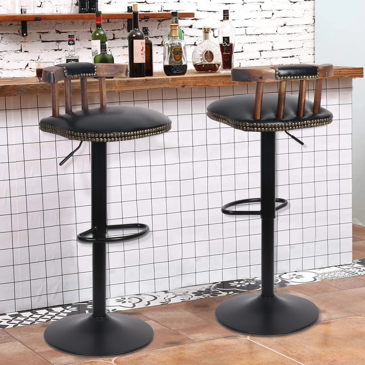 2X Industrial Leather Bar Stools 360° Swivel Adjustable Kitchen Breakfast Pub Chairs Vintage Wood Backrest