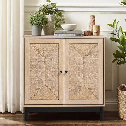 Rustic Wooden Sideboard with Woven Doors, 77cm W x 40cm D x 80.5cm H