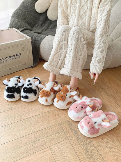 Pallene Cow milk Fuzzy Slippers Women Winter Cartoon Fur Slippers Soft Cozy Plush House Shoes Female Bedroom Cute Furry Slides