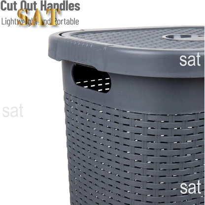 50L Slim Laundry Hamper, Clothes Basket, Lid, Wicker Design, Plastic, 17.65"L x 13.75"W x 21"H