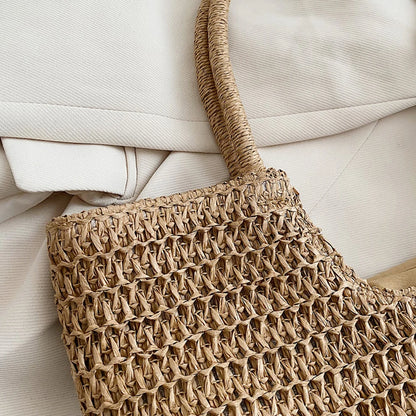 Women Straw Woven Shoulder Bag Solid Color Shoulder Summer Woven Pouch for Women Handmade Traveling Handbags Underarm Bags