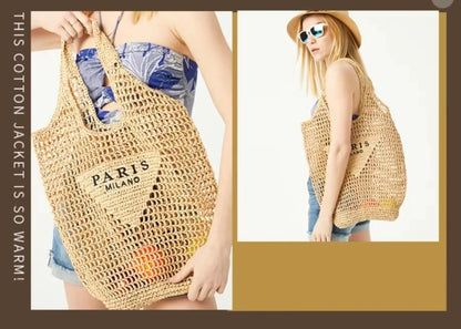 Women Summer Beach Vacation Fashion Straw Knitting Shoulder Bag Hollow Out Handwoven Handbag Portable Large Capacity Casual Tote