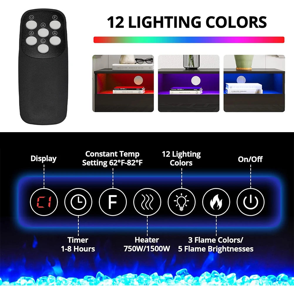 KOMORE Recessed Electric Fireplace TV Stand with Closed Storage, Overheating Protection, 12 Colors, 1-8H timer, Black&White