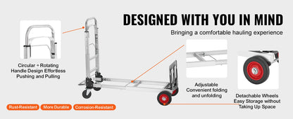 VEVOR Aluminum Folding Hand Truck Heavy Duty Industrial Collapsible Dolly Cart for Transport and Moving in Warehouse Supermarket