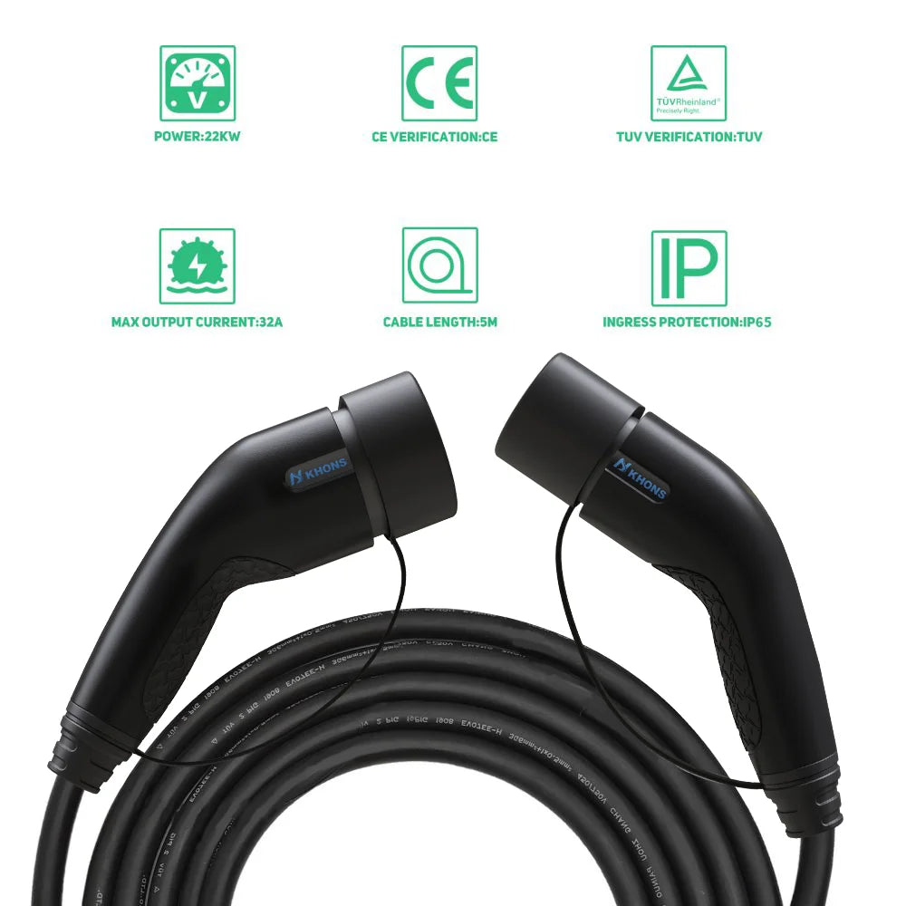 Khons Type2 To Type2 Ev Charging Cable  3Phase 32A Female To Male Plug 5M Cable 22kw IEC62196-2  EVES Charging Stations