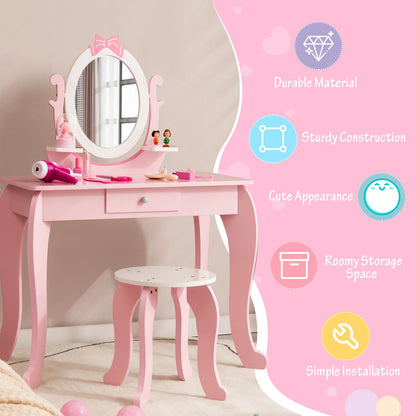 GOFLAME 2-in-1 Kids Vanity Table Set, Princess Pretend Play Makeup Table w/ Stool