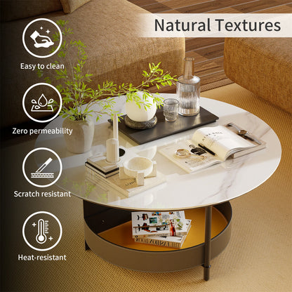 Round Coffee Side End Table with Sintered Stone-top and Microfiber Saddle Leather Storage Shelf for Living Room Bedroom