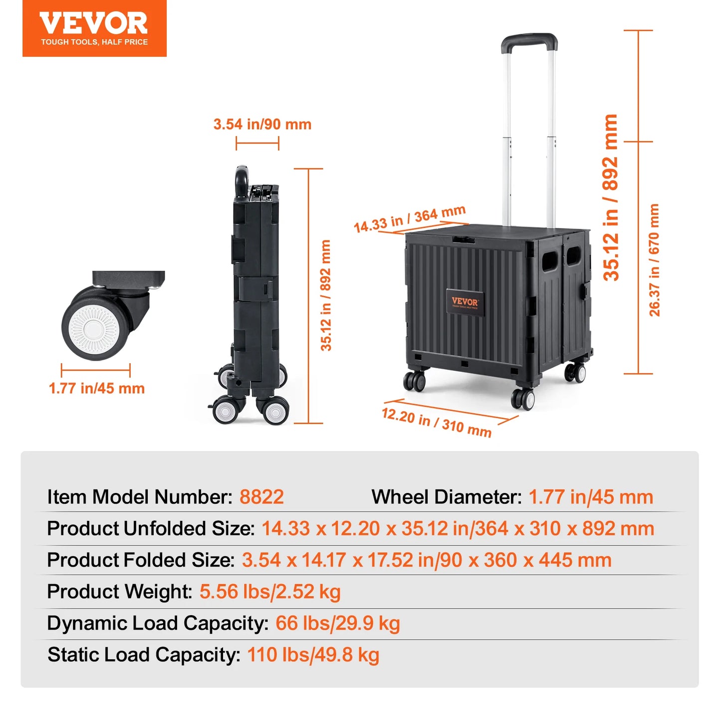 VEVOR Foldable Utility Shopping Cart Folding Portable Crate Handcart with Telescope Handle Wheels for Travel Office Garden Use