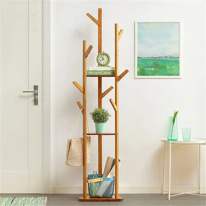 Wooden Coat and Hat Hanger Stand, Floor Standing, Clothes, Bags, Umbrella Rack, Tree Hanger, Bag Hook Holder, 10 Hooks