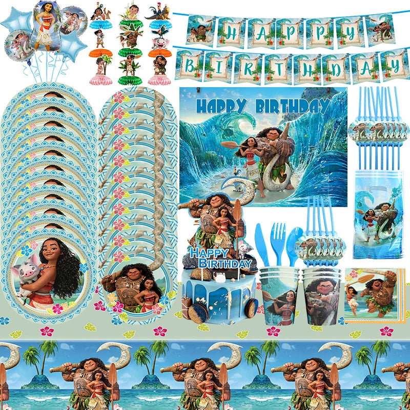 New Disney Moana Birthday Decoration Tableware Balloons Cups Plates Set Banner Vaiana Moana Theme Birthday Party Deco Supplies