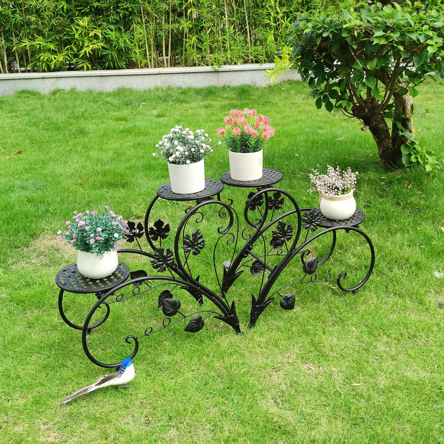 2PCS Rustproof Metal Plant Stand 4 Potted Flower Display Rack Shelf for Garden Balcony Office White and Black