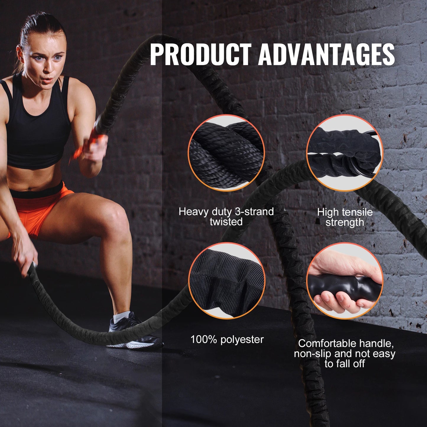 VEVOR Battle Rope Polyester Exercise Rope Battle Exercise Equipment with Protective Sleeve and Anchor Heavy Weighted Pull Rope