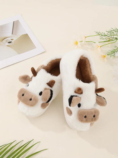 New Winter Unisex Cartoon Cow Warm Plush Slippers Couple's Indoor Non-slip House Slides Men And Women Toe Wrap Home Cotton Shoe