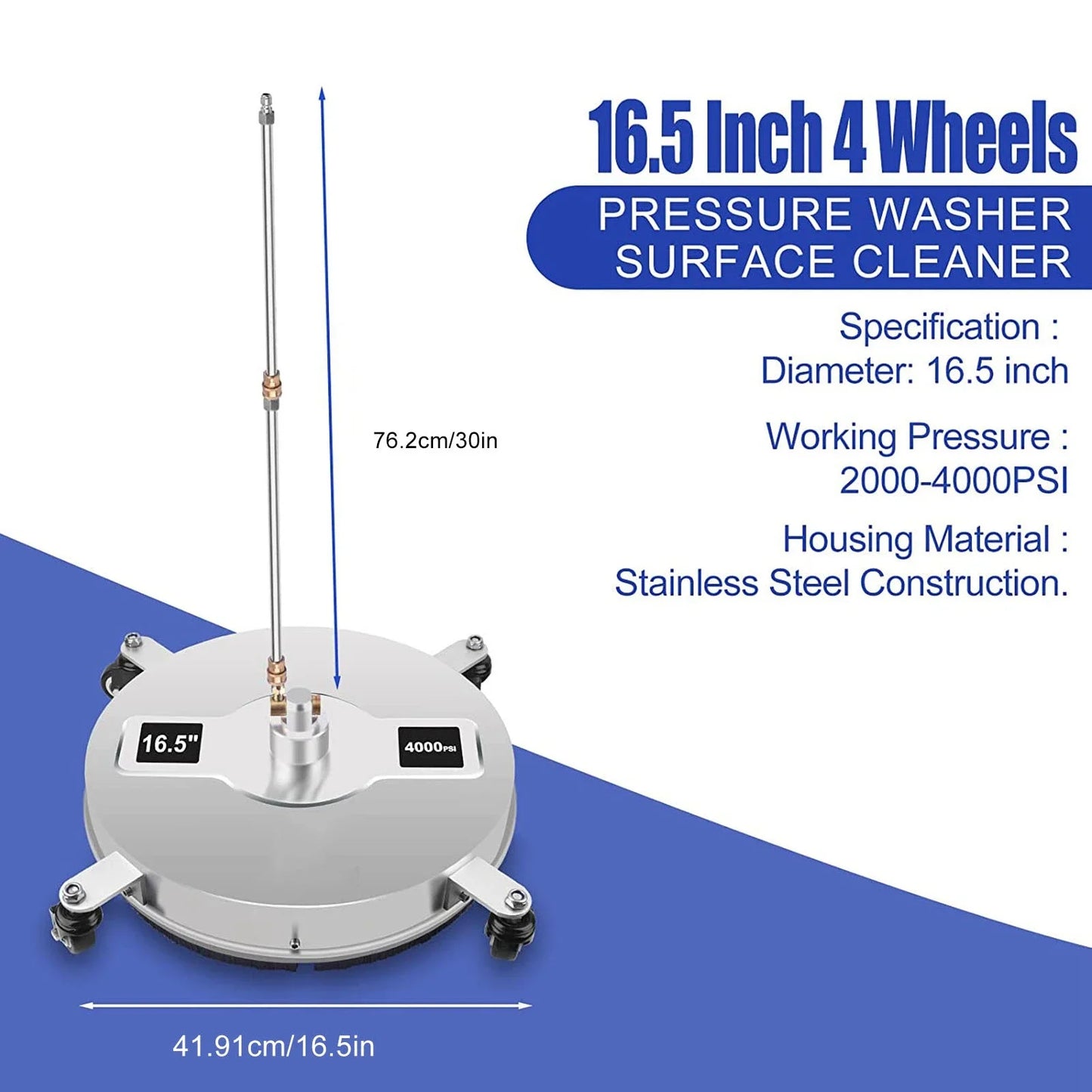 Pressure Washer Surface Cleaner 1/4in Quick Plug 4 Wheels High Efficiency Floor Power Washer with 2 Extension Wand