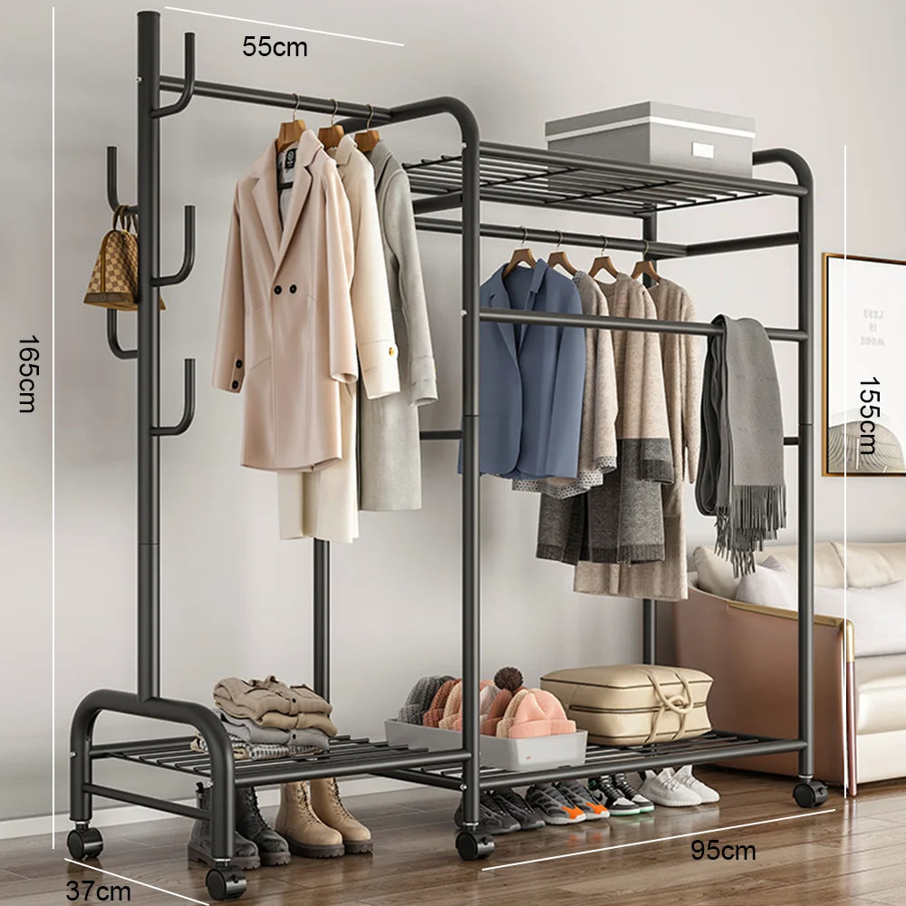 [EU UK Stock]Coat Rack Movable Double Clothes Shelf Clothes Floor-Standing Bedroom Wheeled Floor Hangers Storage Coat Rack