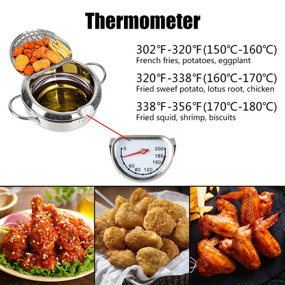 20 cm Cooking Tool 304 Stainless Steel 2 Handles 2.2L With Thermometer and Lid Tempura Fryer Pan Deep Frying Pot