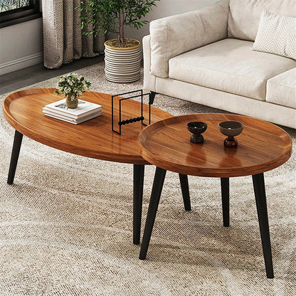 Set of 2 Mid-Century Coffee Table, Solid Wood, Drop Shape, Nesting Tables, Accent Ottoman Table, Living Room Office