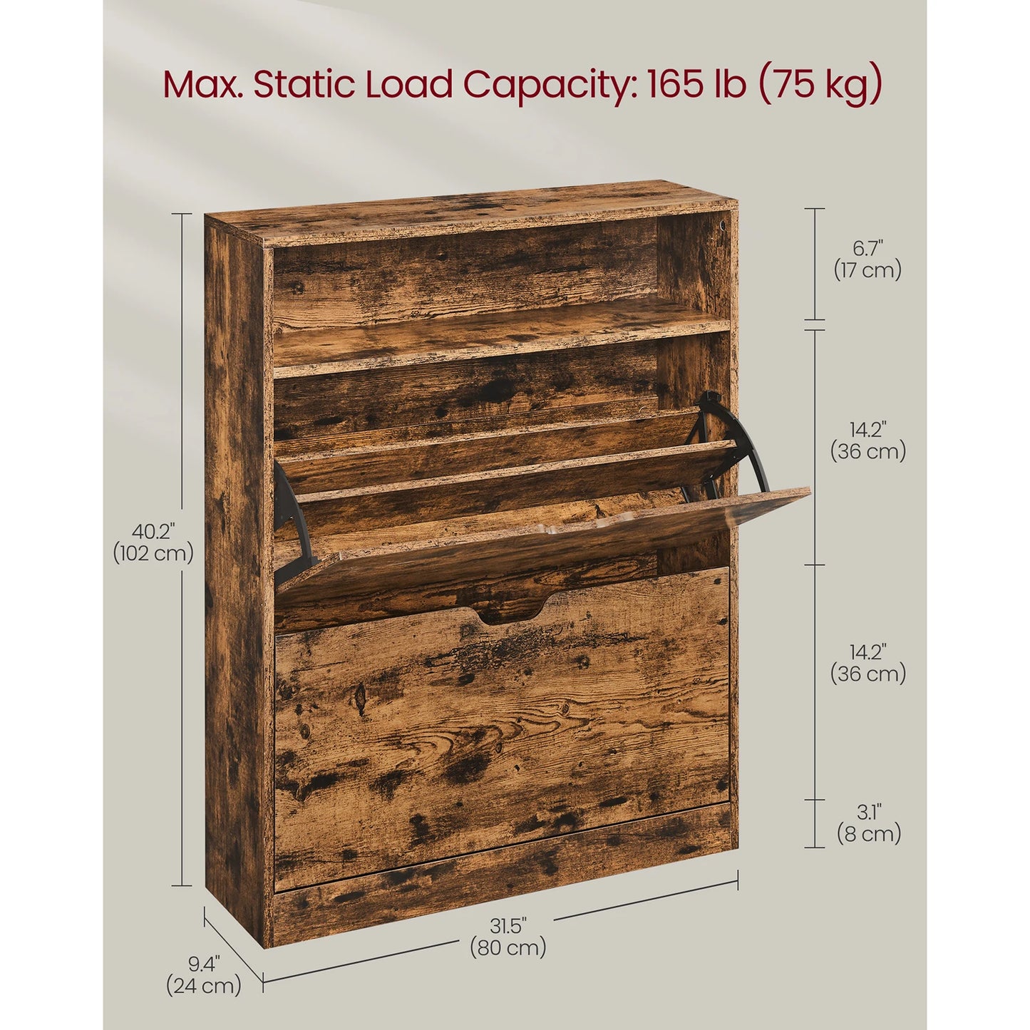 VASAGLE Shoe Cabinet 2 Flip Doors, 3 Tier Shoe Rack, with Open Compartment, Adjustable Removable Divider, for Narrow Entrance