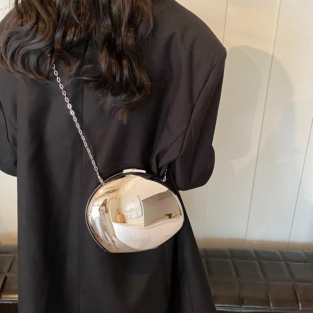 2024 Acrylic Shining Shoulder Bag Metal Oval Shaped Women Crossbody Bags Luxury Designer Handbag Novelty Clutch Purse with Chain