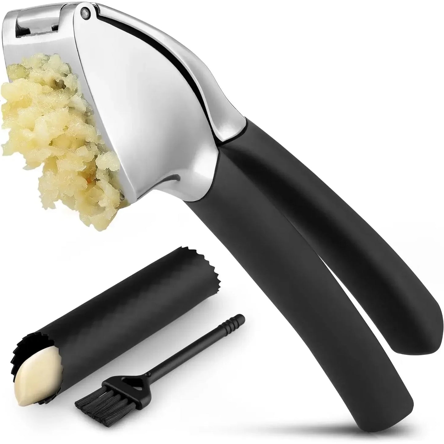 Stainless Steel Garlic Press Set - Rust Proof & Dishwasher Safe Professional Garlic Mincer Tool, Silicone Garlic Peeler & Brush