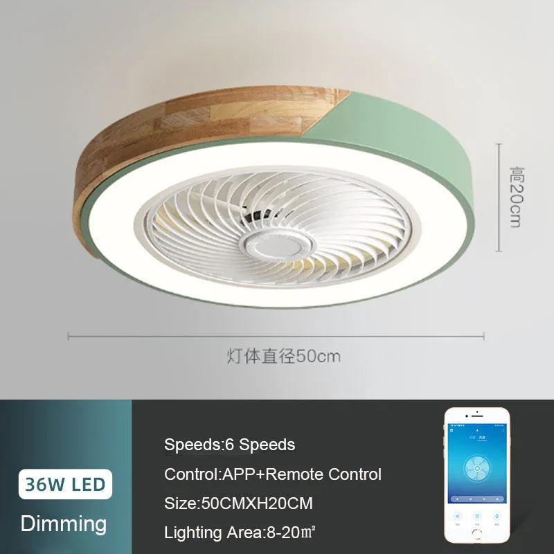 52CM  Ceiling Fan Light Lamp 220V APP +Remote Control Fans Bedroom Dining Room Wood Ceiling Fan With Lights DC Green Ceiling Fan