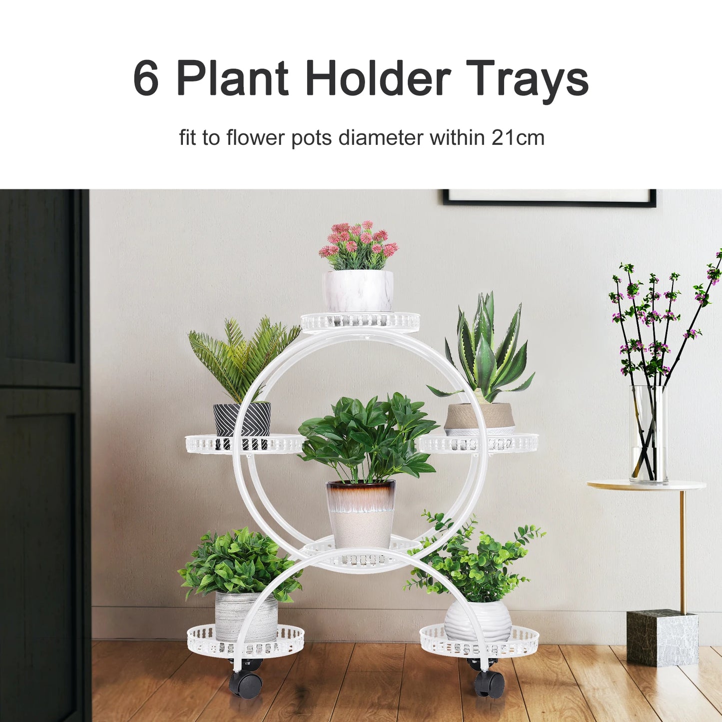 6 Potted Metal Plant Stand Garden Cart Flower Pots Rack Holder Display Shelf with Wheels for Patio Porch Balcony Decoration