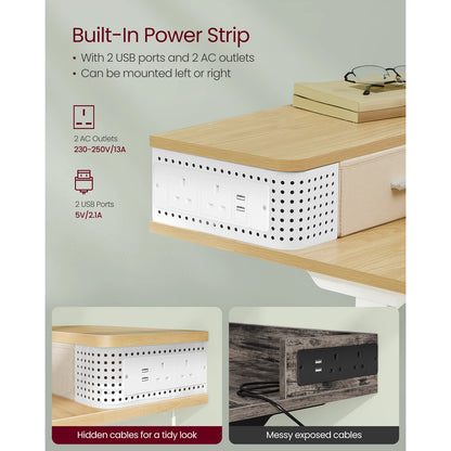 VASAGLE Electric Standing Desk with Built-In Power Strip, 60 x 140 x (72-120) cm, Adjustable Height, Monitor Stand