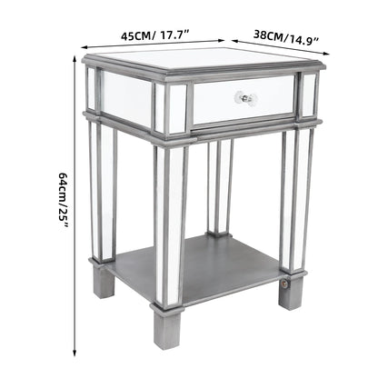 Silver Mirrored End Table for Living Room Bedroom, 2 Tier, Sofa Side, Bedside Cabinet, Nightstand Desk with Drawer