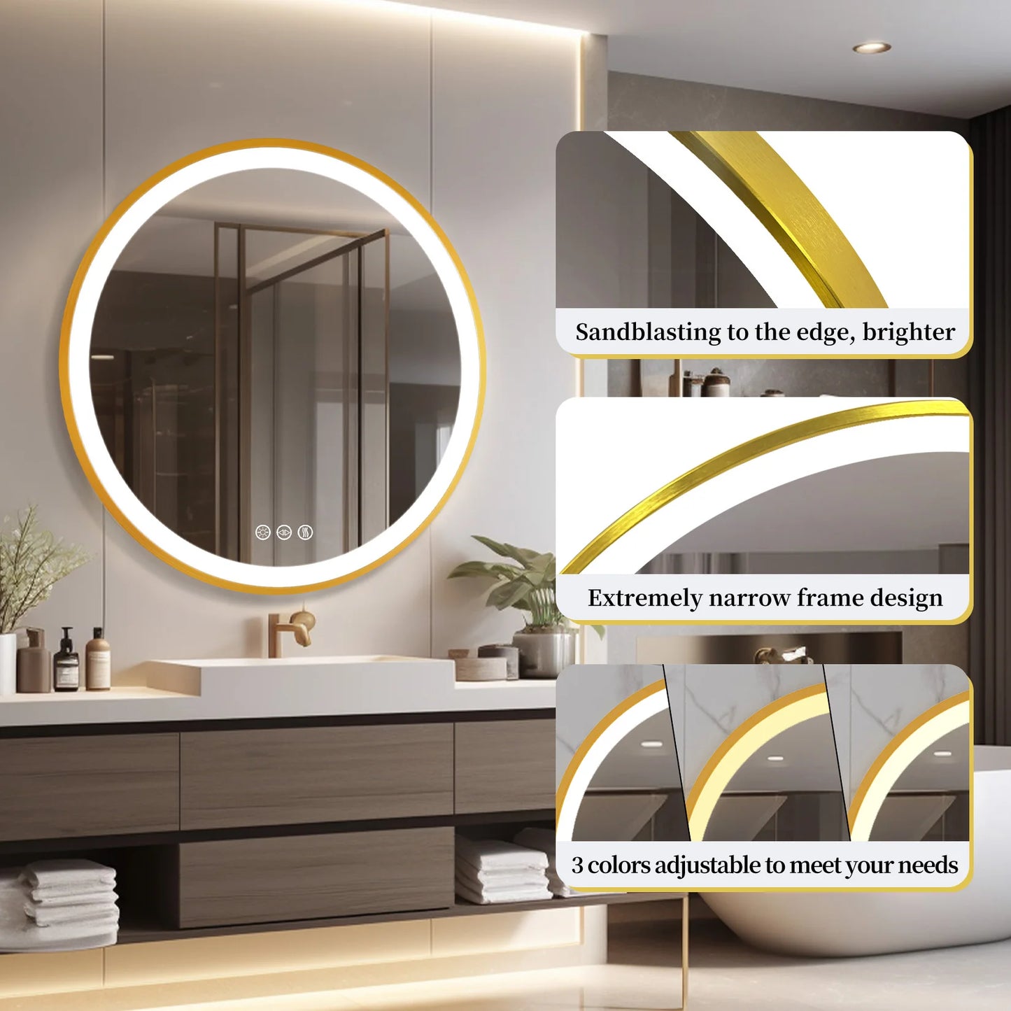 24/32 Inch Gold Frame LED Bathroom Mirror 3 Colors Temperature Wall Mounted Vanity Mirror Fast Defagging