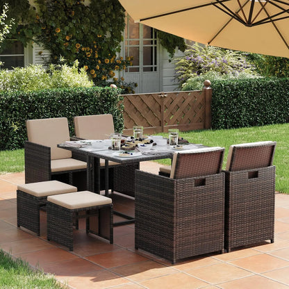 SONGMICS Garden Furniture Set Dining Table and Chairs, Set of 9 PE Rattan Outdoor Patio Furniture, Glass Top Coffee Table